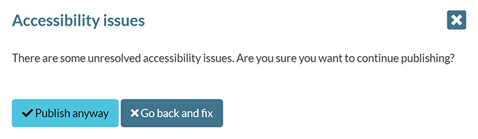 The 'Accessibility issues' alert pop-up