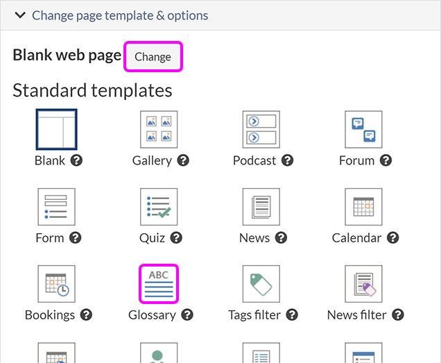 The option to select a Glossary page
